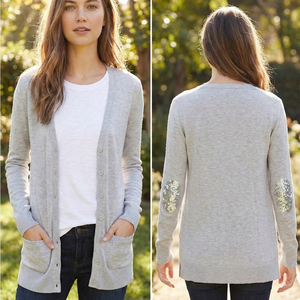 Old Navy Light Gray Cardigan with Sequin Elbow Patches